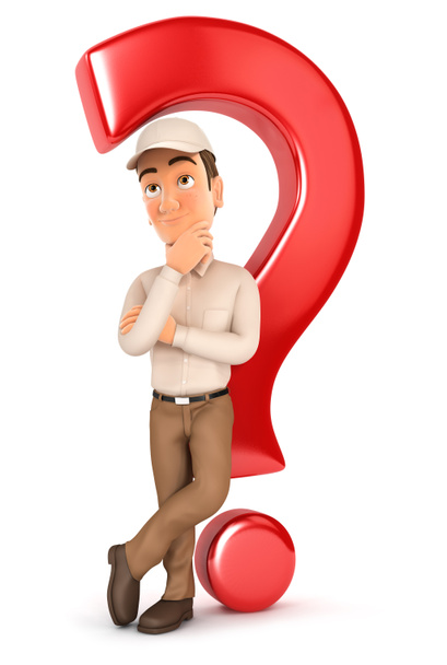 3d delivery man leaning back against question mark - Photo, Image