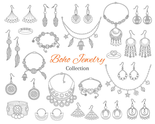 Colección de accesorios de joyería boho de moda, ilustración de garabatos dibujada a mano vectorial
. - Vector, imagen