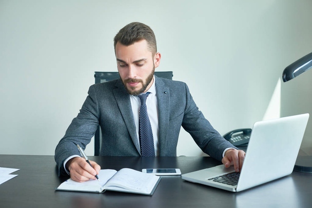 Portrait of handsome successful businessman working with laptop sitting at big desk in modern office, writing something in planner - Foto, Imagen