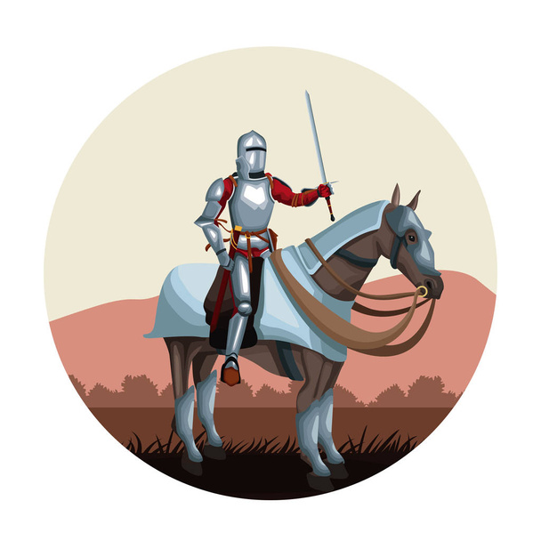 Medieval warrior with horse round icon - Vector, afbeelding