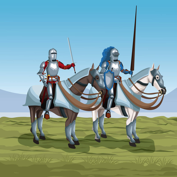 Guerrieri medievali con cavalli sul campo di battaglia
 - Vettoriali, immagini