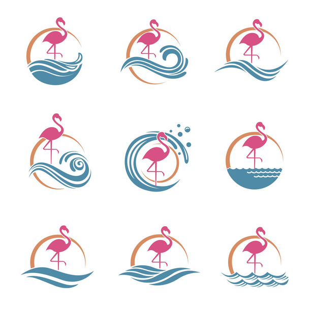 collection of pink flamingo emblems with sun and waves - Vektori, kuva
