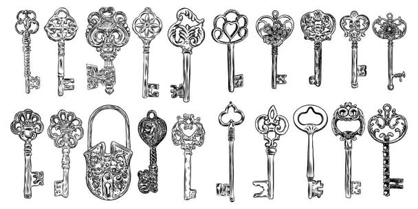 Set of hand drawn antique keys.  - Vector, Imagen