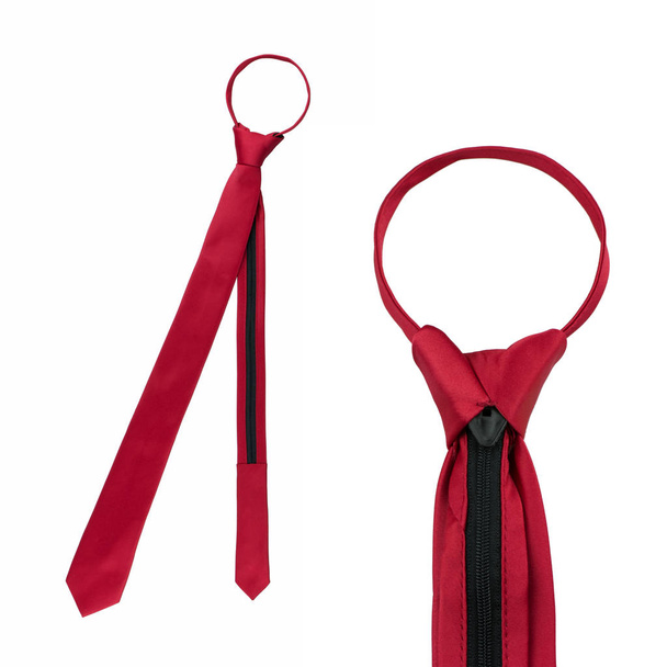 cravate rouge étroite attachée élégante isolée sur fond blanc, cravate cou maigre pretied hommes couleur unie fermeture éclair cravate
 - Photo, image