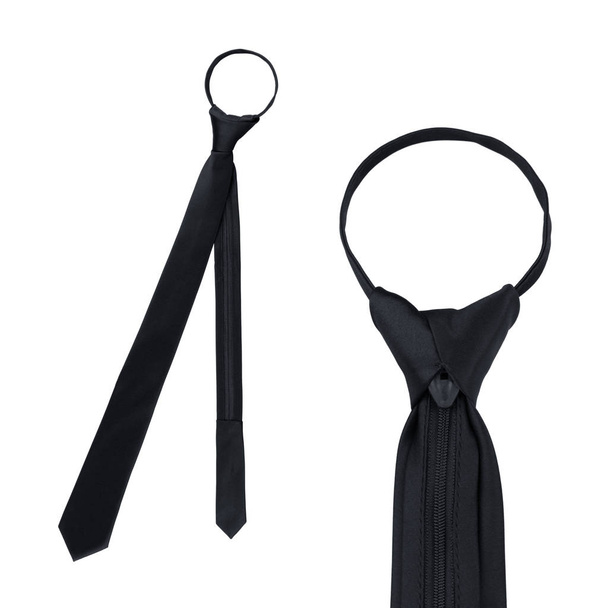 stylish narrow tied black tie isolated on white background, pretied skinny men's neck tie solid color zipper necktie - Photo, Image