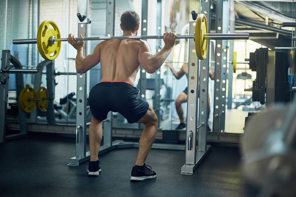 Vista posteriore del giovane bodybuilder che flette i muscoli con il bilanciere davanti allo specchio mentre fa un allenamento intensivo in palestra
 - Foto, immagini