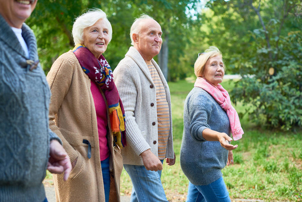 Bejaarde vrienden dragen van gebreide truien genieten van frisse lucht en schilderachtig uitzicht tijdens het wandelen langs park alley - Foto, afbeelding