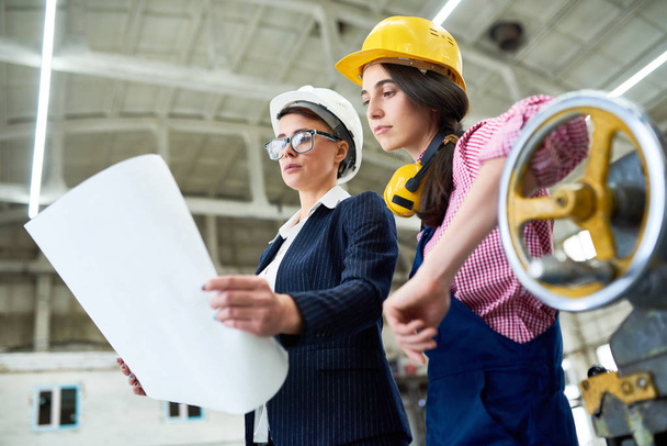 Confident middle-aged entrepreneur wearing suit and hardhat showing blueprint to pretty young plant worker while gathered together at spacious production department of plant - Photo, Image