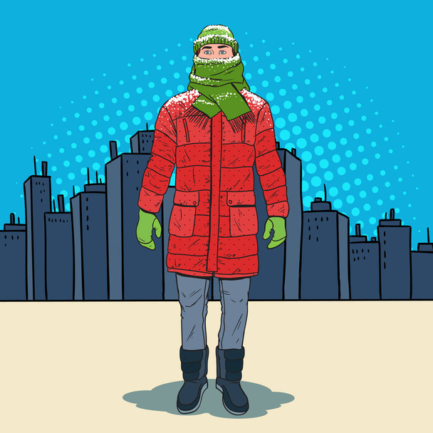 Pop Art Frozen Man in Warm Winter Clothes in the City. Clima frío. Ilustración vectorial
 - Vector, Imagen