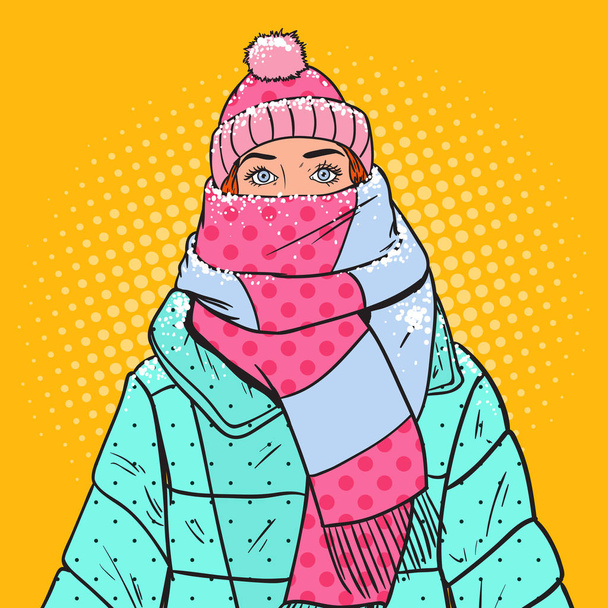 ポップアートの暖かい冬の服で美しい女性の肖像画。寒さ。ベクトル図 - ベクター画像