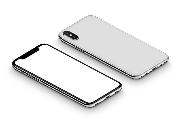 Prospettiva smartphone bianco come iPhone X mockup lato anteriore e lato posteriore CCW ruotato sdraiato sulla superficie
 - Foto, immagini