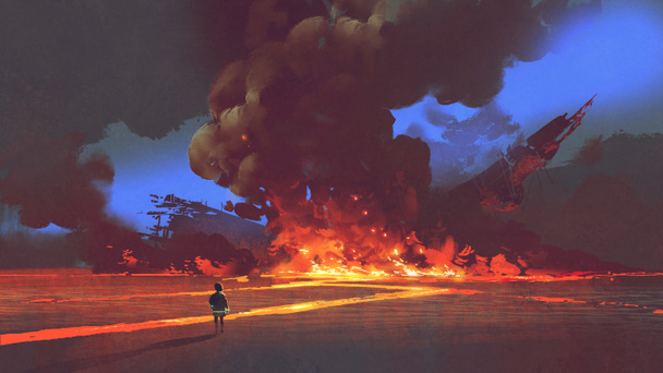 хлопчик дивиться на розбитий космічний корабель з вибухом, стиль цифрового мистецтва, ілюстрація живопису
 - Фото, зображення