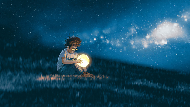 Noční scéna zobrazeno mladík s malý měsíc v ruce, sedí na louce, styl digitální umění, ilustrace, malba - Fotografie, Obrázek