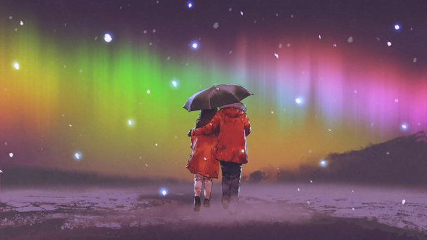 Paar in rotem Mantel unter einem Regenschirm, das auf Schnee wandelt und Nordlicht am Himmel betrachtet, digitale Kunst, Illustrationsmalerei - Foto, Bild