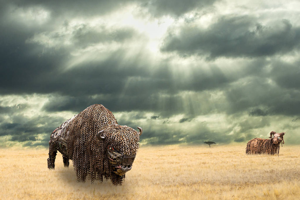 Búfalo de ferro feito de sucata de ferro andando na pradaria seca assistida por um carneiro selvagem à distância. Paisagem plana aberta com bisonte-americano
 - Foto, Imagem