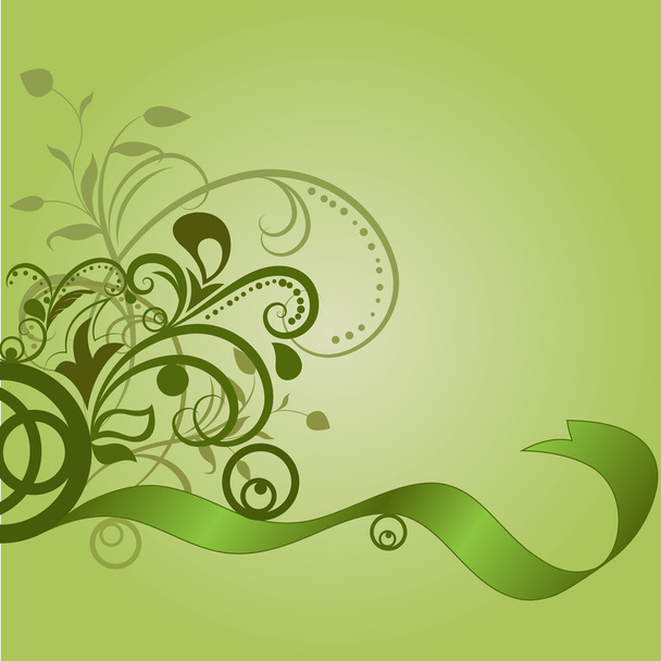 Green floral background with wavy ribbon. - Vektor, Bild