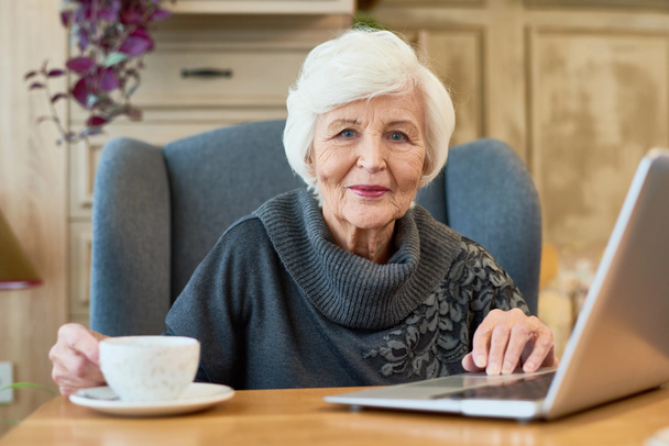Портрет елегантної старшої жінки, що використовує ноутбук і дивиться на камеру під час роботи в сучасному кафе
 - Фото, зображення