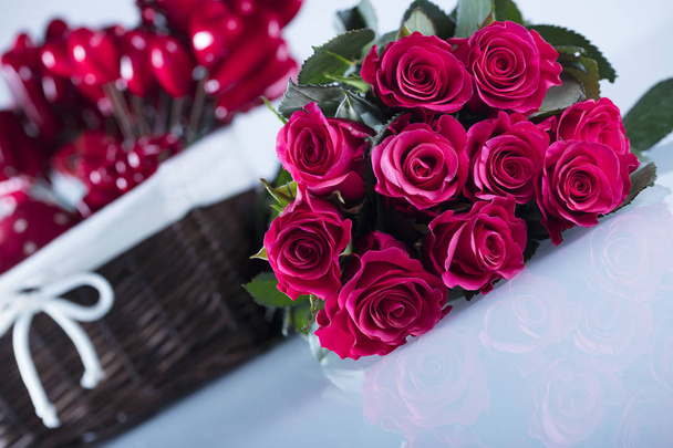 Valentines day concept. Bouquet of red roses  on white background. Place for typography. - Fotoğraf, Görsel