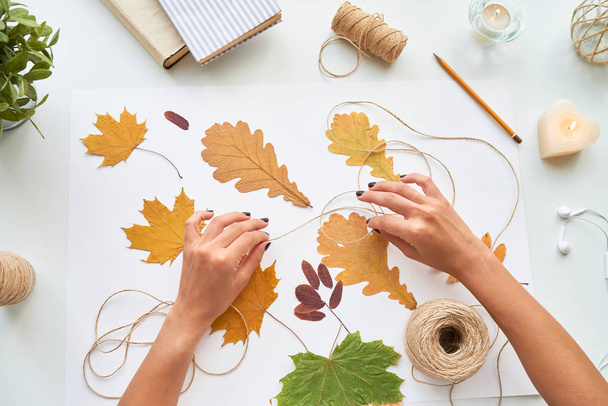 Vista superior de las manos femeninas que hacen la decoración hecha a mano de las hojas de otoño para el interior
 - Foto, imagen