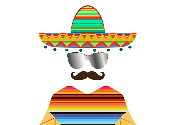 sombrero és kapucnis köpeny napszemüvegek, vázlat vektoros illusztráció elszigetelt mexikói férfi portréja. A hagyományos ruhákat és bajusz ikon sablon mexikói férfi színes rajza - Vektor, kép