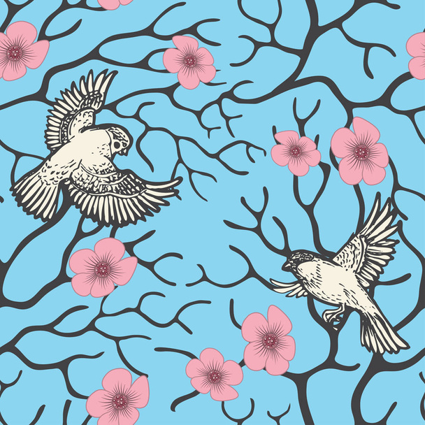 Spring sakura blossom and flying birds seamless pattern Japanese and Chinese style. - 写真・画像