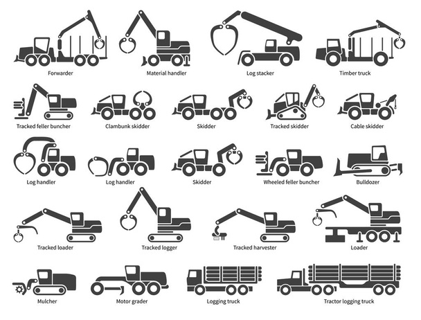Forestry machinery vector icons set - Vector, Image