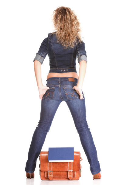 Beautiful young woman blonde standing full body in jeans isolate - Photo, Image