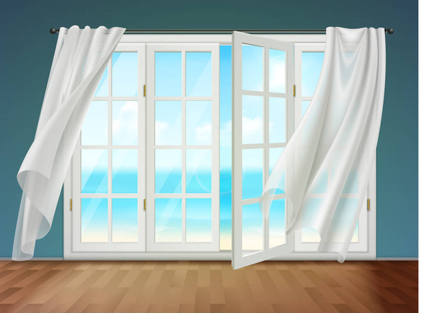 Open Window With Fluttering Curtains - Vector, Image