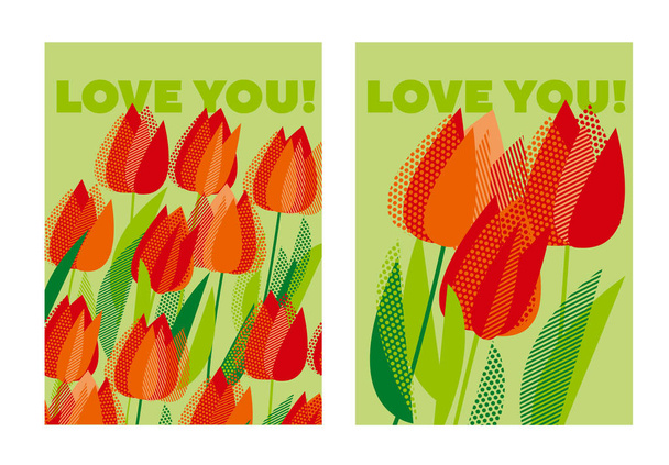 Streszczenie nowoczesne żywe motywem kwiatowym na powierzchni projektu. Fajne wiosna wzór geometrycznej ozdobny tulipan czerwony i pomarańczowy kwiaty, elementy projektu. - Wektor, obraz