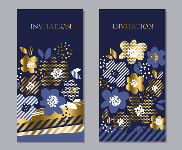 Concepto de lujo estampado floral con textura geométrica en color azul profundo y dorado. Flor de primavera abstracta para póster, pancarta, invitación, tela y diseño de superficie de impresión
. - Vector, imagen
