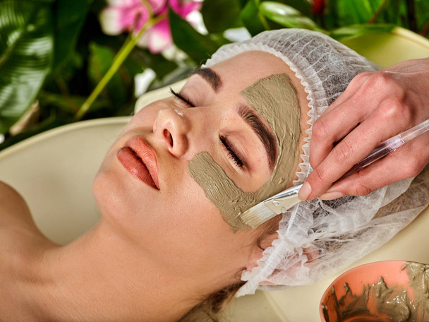 Schlamm Gesichtsmaske der Frau im Wellness-Salon. Gesichtsmassage . - Foto, Bild