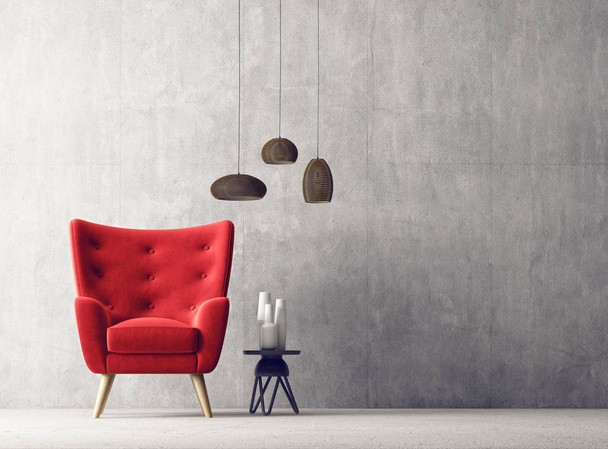 Modern living room with red armchair and hanging lamps in scandinavian interior design - Fotoğraf, Görsel