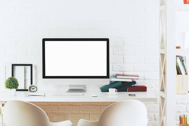 Hipster workplace with blank white computer  - Φωτογραφία, εικόνα