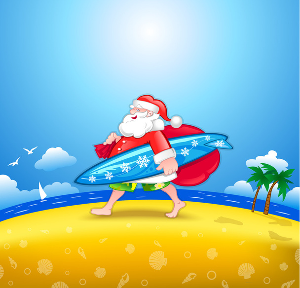 Walking Santa with surfboard - Vektör, Görsel