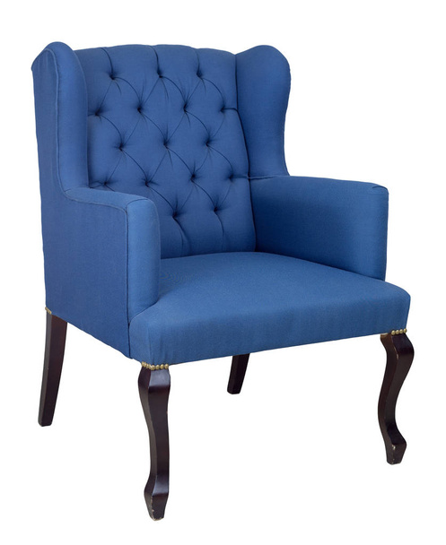 French blue wingback armchair with dark brown wooden legs isolated on white background including clipping path - Photo, Image