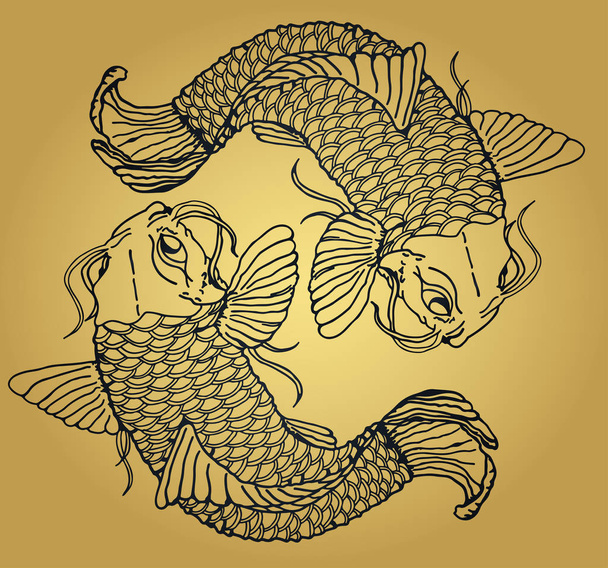 Two Japanese fish catfish on a golden gradient background - Vector, Image