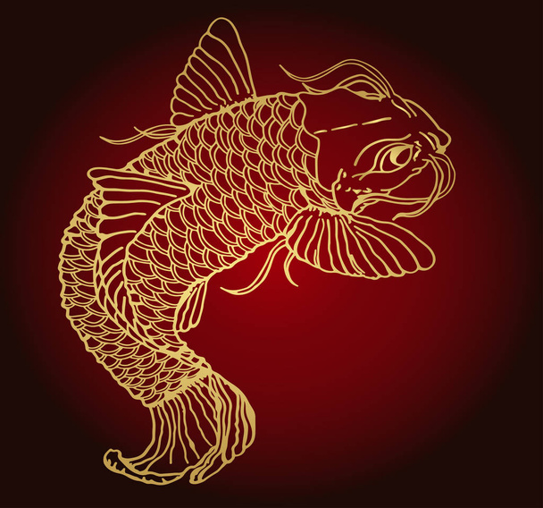Golden fish catfish on a red gradient background. Detailed sketch of tattoo - Вектор, зображення
