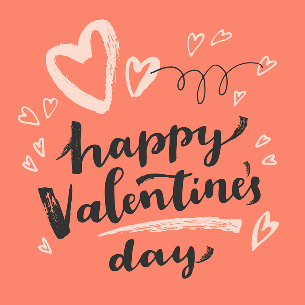 Happy Valentines Day ink brush modern calligraphy card with hand drawn hearts isolated on orange background in vector - Vector, afbeelding