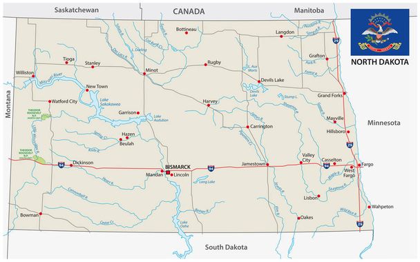 Carte vectorielle routière du dakota du Nord avec drapeau
 - Vecteur, image