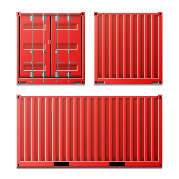 Rode Cargo Container Vector. Classic Cargo Container. Vracht scheepvaart Concept. Logistiek, transport Mock Up. Voor- en achterkant kanten. Geïsoleerd op een witte achtergrond afbeelding - Vector, afbeelding