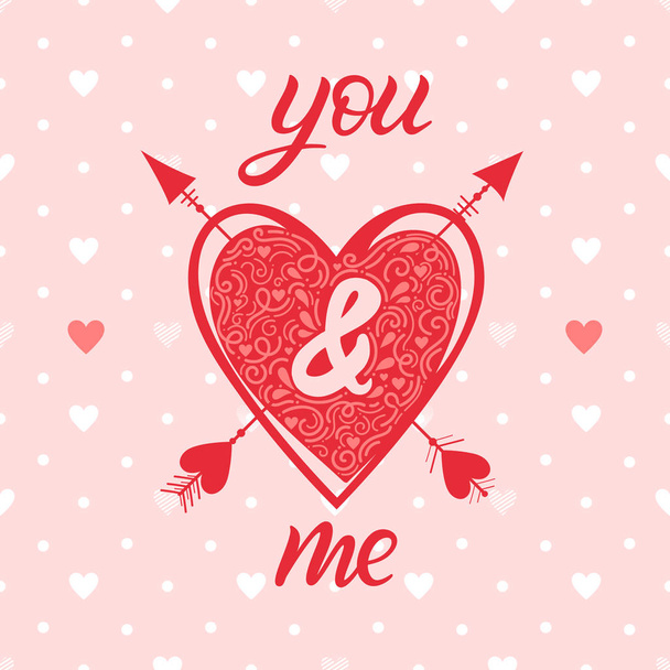 Heart with arrows and hand painted lettering with hearts pattern.Romantic illustration perfect for design greeting cards, prints, flyers,posters,holiday invitations and more.Vector Valentines Day card. - Vector, Image