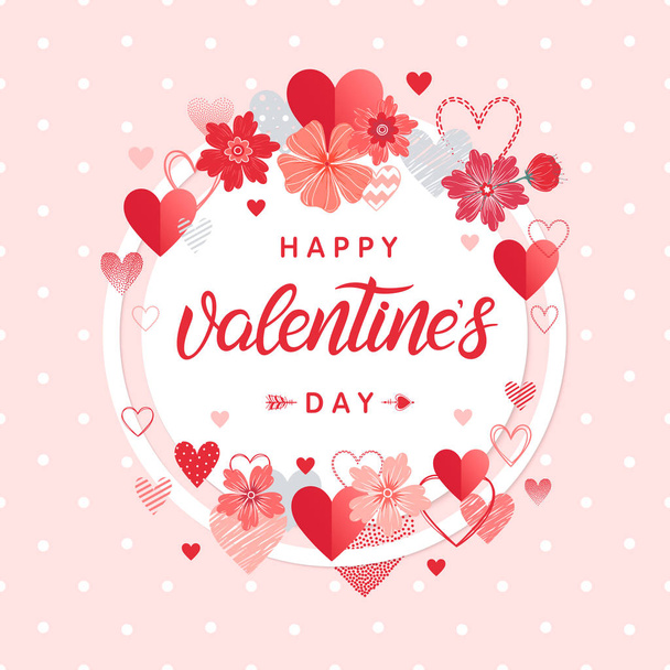 Happy Valentines Day - Hand painted lettering with different hearts and flowers.Romantic illustration perfect for design greeting cards, prints, flyers,posters,holiday invitations and more.Vector Valentines Day card. - Vector, Image