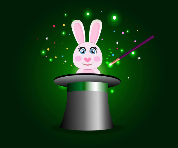 Bunny in magic hat with wand on green sparkling glow background. - Vector, Image