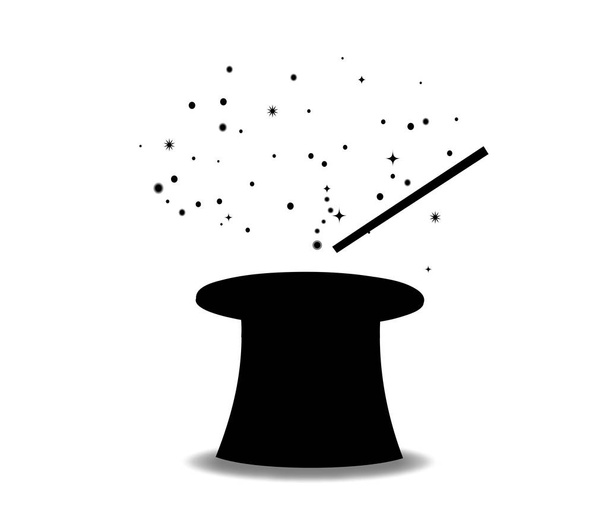 Černá silueta magické válcový cylindr a hůlka s jiskrou - Vektor, obrázek