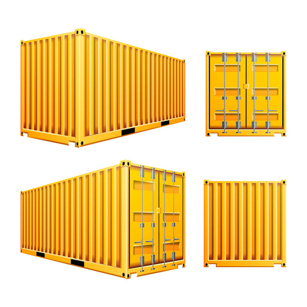 gelber 3D-Container-Vektor. Realistischer klassischer Frachtcontainer aus Metall. Güterverkehrskonzept. Logistik, Transport-Attrappe. isoliert auf weißem Hintergrund Illustration - Vektor, Bild