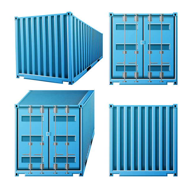 青い貨物コンテナーのベクトル。リアルな 3 d 金属クラシック貨物コンテナーです。貨物輸送の概念。交通機関のモックアップします。白図に分離 - ベクター画像