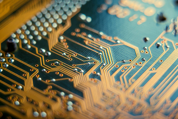 Electronic Board with the lines and chips, semiconductor elements closeup. The concept of the technology of solid-state microelectronics - Foto, Imagen