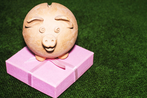 Tax day. Piggy bank with a pink gift box against the green carpet background. - Foto, immagini