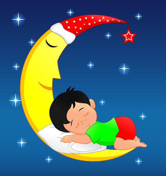 vector illustration of cute little boy sleeping on moon - Вектор,изображение