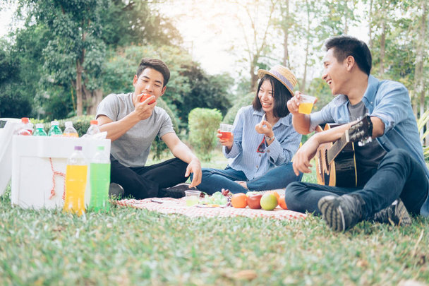 Młoda Nastolatka grupy zabawy piknik w parku razem. Relaksu i wypoczynku. - Zdjęcie, obraz
